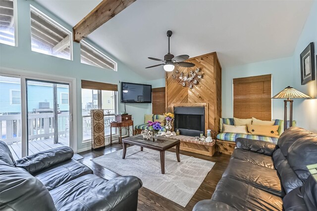 23001 Fresca St, Galveston, TX 77554 - living area with ceiling fan, dark wood-style floors, high vaulted ceiling, and beamed ceiling