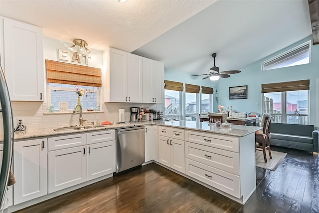 23001 Fresca St, Galveston, TX 77554 - kitchen featuring dishwasher, a sink, a peninsula, dark wood-type flooring, and lofted ceiling