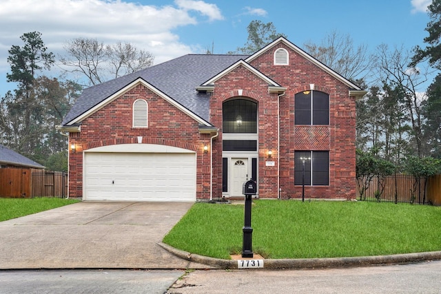 7731 Malac Rd, Spring, TX 77389 - traditional-style house featuring concrete driveway, brick siding, a garage, and a shingled roof