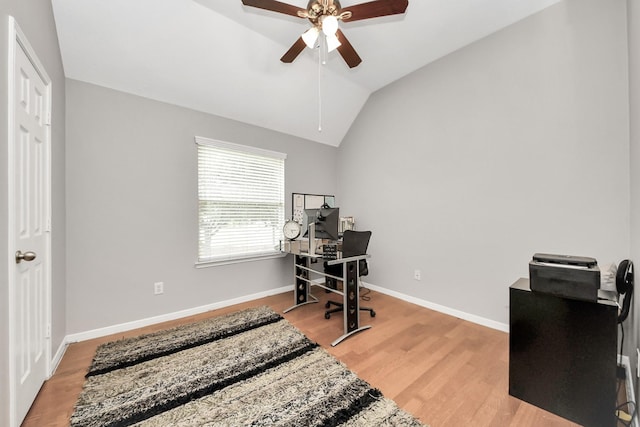 6222 Skyline Dr Unit 27, Houston, TX 77057 - office area featuring light wood finished floors, a ceiling fan, baseboards, and vaulted ceiling