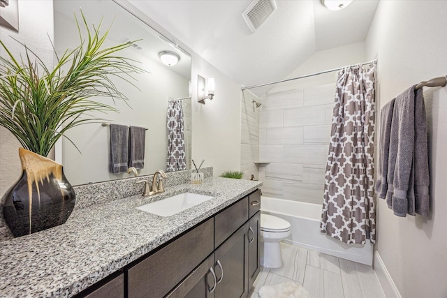 bathroom featuring shower / bath combo, vanity, toilet, lofted ceiling, and visible vents