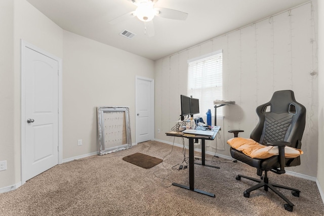 11134 Honeysuckle Haven Dr, Cypress, TX 77433 - home office featuring a ceiling fan, baseboards, and carpet floors