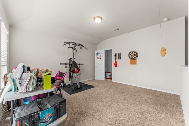11134 Honeysuckle Haven Dr, Cypress, TX 77433 - exercise room featuring lofted ceiling, carpet flooring, visible vents, and baseboards