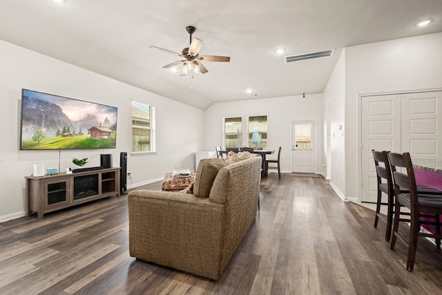 16231 Westley Ridge Dr, Hockley, TX 77447 - living room featuring dark wood-style flooring, a ceiling fan, baseboards, and recessed lighting