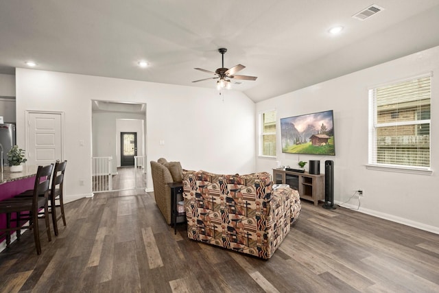 16231 Westley Ridge Dr, Hockley, TX 77447 - living room featuring dark wood-style flooring, a ceiling fan, baseboards, recessed lighting, and attic access