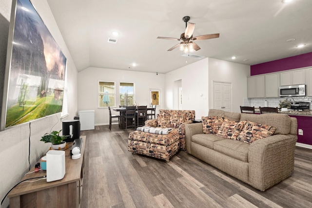 16231 Westley Ridge Dr, Hockley, TX 77447 - living room with dark wood-style flooring, ceiling fan, recessed lighting, and baseboards