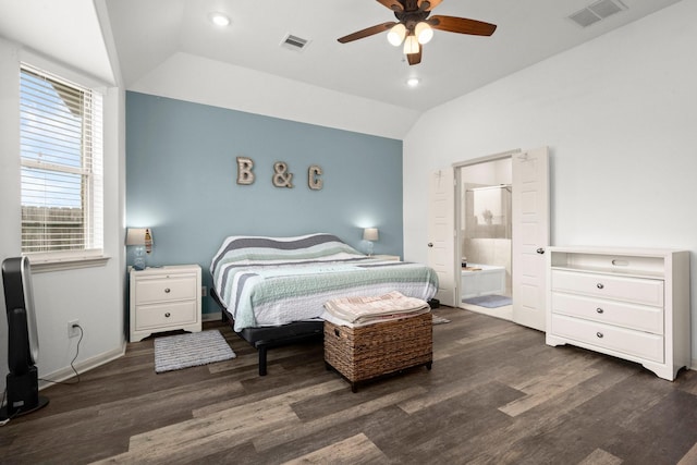 16231 Westley Ridge Dr, Hockley, TX 77447 - bedroom with vaulted ceiling, dark wood-type flooring, ensuite bathroom, recessed lighting, and a ceiling fan