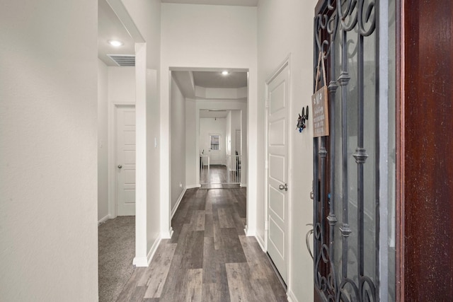 16231 Westley Ridge Dr, Hockley, TX 77447 - hallway featuring baseboards and dark wood-style floors