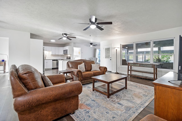 living area with a ceiling fan, wood finished floors, and a textured ceiling