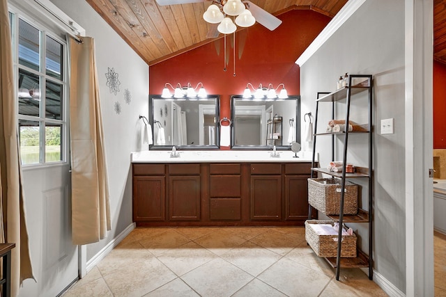 full bath featuring vaulted ceiling, a ceiling fan, wooden ceiling, and a sink