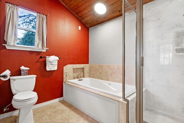 bathroom with a shower stall, a bath, wood ceiling, toilet, and lofted ceiling