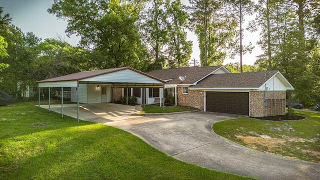 ranch-style home with a carport, an attached garage, a front yard, and concrete driveway