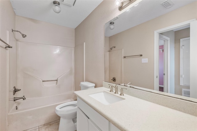 full bath featuring tile patterned floors, visible vents, toilet, vanity, and  shower combination