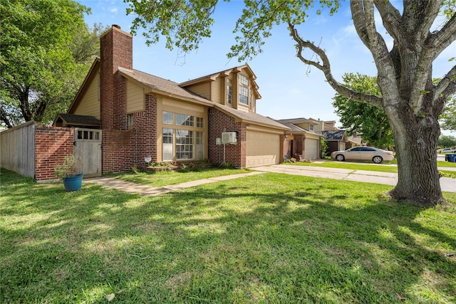 view of front facade featuring a chimney, concrete driveway, brick siding, an attached garage, and a front yard