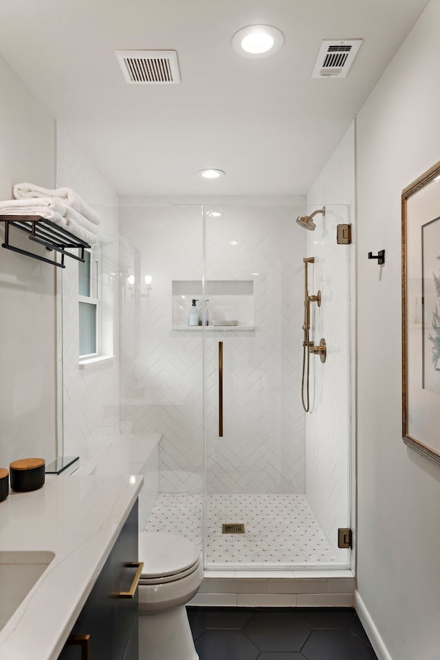 5301 Nina Lee Ln, Houston, TX 77092 - bathroom with toilet, a stall shower, tile patterned floors, and recessed lighting