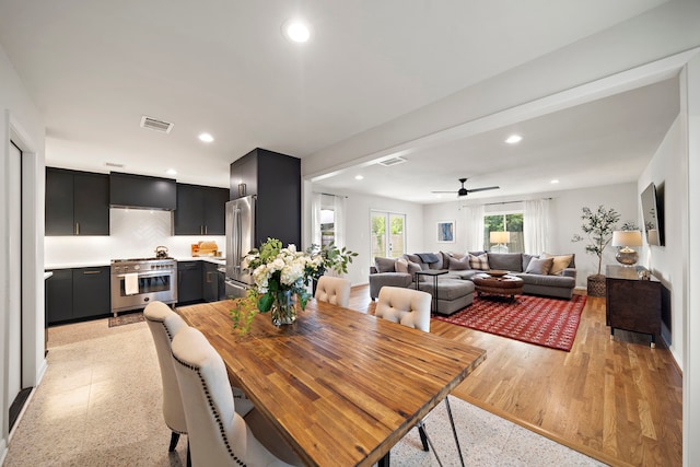 5301 Nina Lee Ln, Houston, TX 77092 - dining space featuring a ceiling fan, recessed lighting, and light wood-style floors