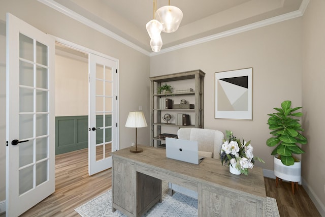 10021 Preserve Way, Conroe, TX 77385 - office space featuring french doors, wood finished floors, ornamental molding, baseboards, and a tray ceiling