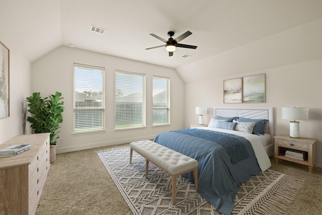 10021 Preserve Way, Conroe, TX 77385 - carpeted bedroom with vaulted ceiling, multiple windows, ceiling fan, and baseboards