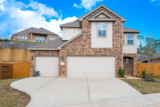 view of front of home with fence, a shingled roof, concrete driveway, brick siding, and a garage