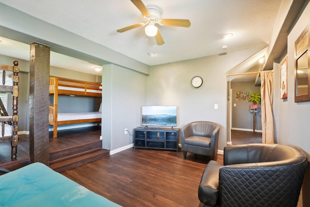 4211 San Jacinto Dr, Galveston, TX 77554 - living room featuring baseboards, a ceiling fan, and wood finished floors