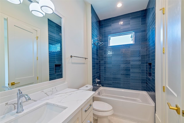 full bathroom featuring recessed lighting, toilet, vanity, and shower / washtub combination