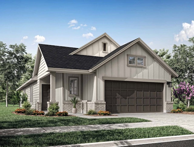 modern inspired farmhouse featuring roof with shingles, a front lawn, driveway, an attached garage, and board and batten siding