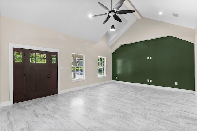 entrance foyer with high vaulted ceiling, a ceiling fan, baseboards, beam ceiling, and visible vents
