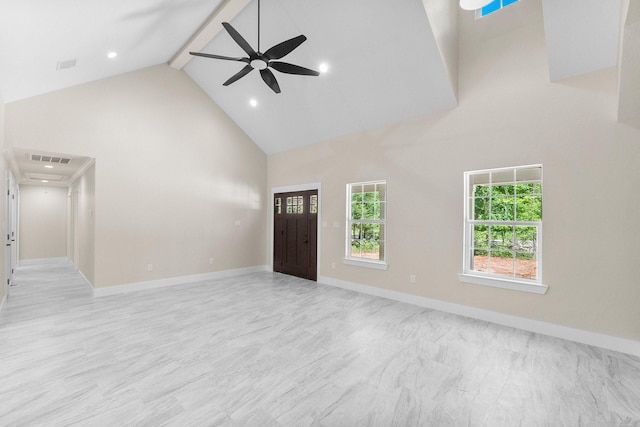 unfurnished living room featuring recessed lighting, beamed ceiling, baseboards, high vaulted ceiling, and ceiling fan