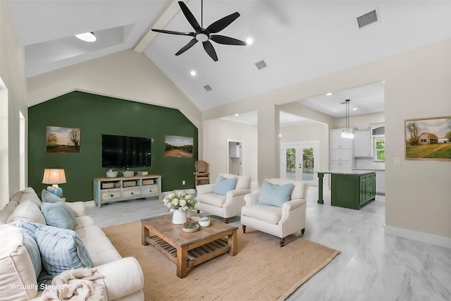 living room with french doors, beam ceiling, visible vents, a ceiling fan, and high vaulted ceiling