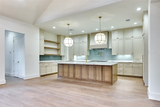 1570 Cheshire Ln, Houston, TX 77018 - kitchen featuring custom exhaust hood, light countertops, backsplash, stainless steel gas cooktop, and open shelves