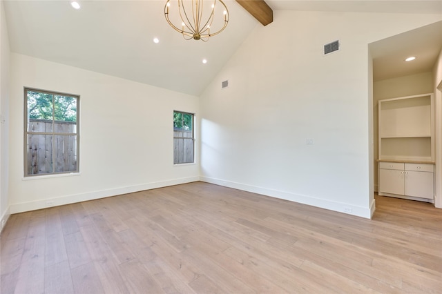 1570 Cheshire Ln, Houston, TX 77018 - spare room with a chandelier, beam ceiling, recessed lighting, light wood-type flooring, and baseboards