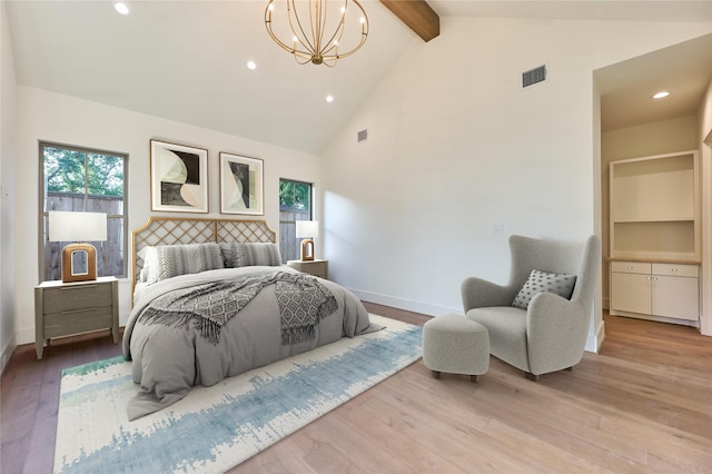 1570 Cheshire Ln, Houston, TX 77018 - bedroom featuring a chandelier, beam ceiling, hardwood / wood-style floors, recessed lighting, and baseboards