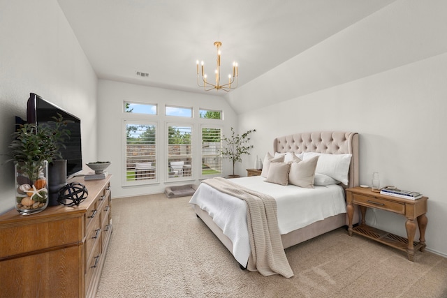 29119 Marina Point Ln, Fulshear, TX 77441 - bedroom with a chandelier, light colored carpet, and lofted ceiling