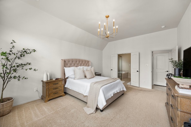 29119 Marina Point Ln, Fulshear, TX 77441 - bedroom featuring light carpet, a chandelier, baseboards, vaulted ceiling, and ensuite bathroom