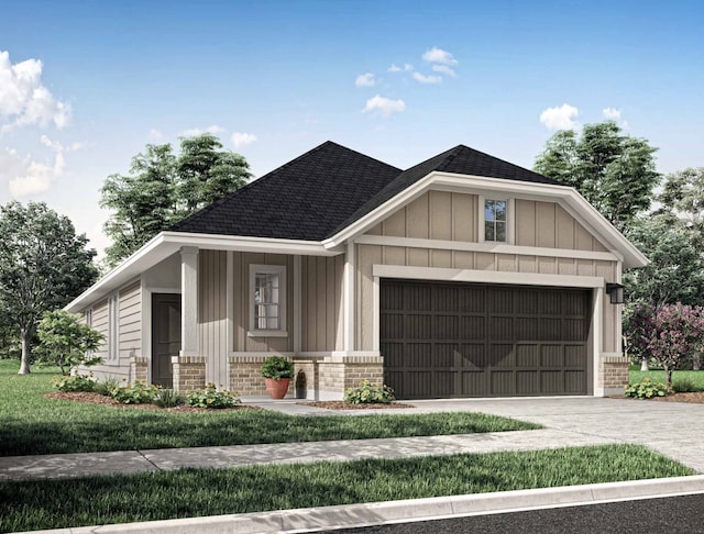 21719 White Bellflower Ln, Cypress, TX 77433 - craftsman house with a shingled roof, board and batten siding, an attached garage, driveway, and brick siding