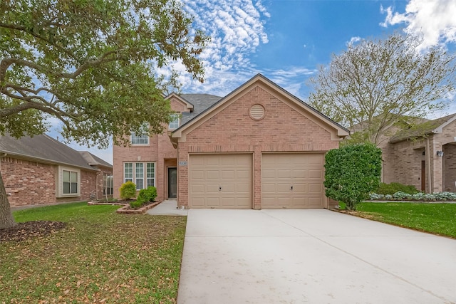 traditional home featuring concrete driveway, a front lawn, brick siding, and a garage
