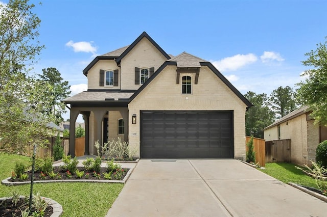 122 Canary Island Cir, Montgomery, TX 77316 - french country style house with brick siding, a garage, concrete driveway, and roof with shingles