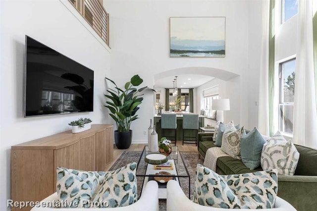 122 Canary Island Cir, Montgomery, TX 77316 - living area featuring arched walkways, a high ceiling, and wood finished floors