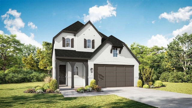 122 Canary Island Cir, Montgomery, TX 77316 - french country style house featuring brick siding, driveway, a front lawn, roof with shingles, and an attached garage