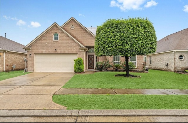 view of front of home featuring a garage, brick siding, a front yard, and concrete driveway