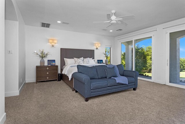 16059 Walden Rd, Conroe, TX 77356 - carpeted bedroom with recessed lighting, a ceiling fan, visible vents, and access to exterior