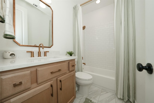 14924 Scarlet Branch Dr, Conroe, TX 77302 - bathroom with vanity, marble finish floor, shower / tub combo, toilet, and visible vents