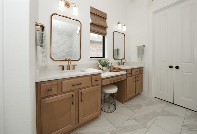 14924 Scarlet Branch Dr, Conroe, TX 77302 - full bathroom with marble finish floor, a tile shower, a sink, and double vanity