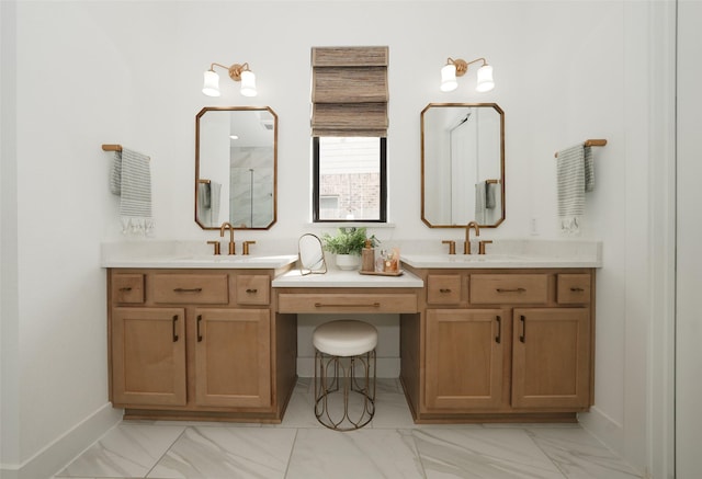 14924 Scarlet Branch Dr, Conroe, TX 77302 - full bathroom with marble finish floor, baseboards, vanity, and a stall shower