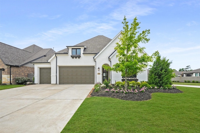 14924 Scarlet Branch Dr, Conroe, TX 77302 - french provincial home with concrete driveway, a front lawn, a shingled roof, a garage, and stucco siding
