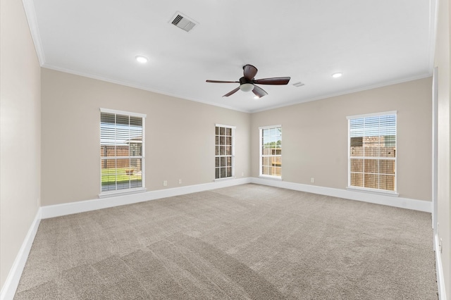 14911 Hurst Point Ln, Houston, TX 77049 - spare room with ornamental molding, baseboards, carpet flooring, recessed lighting, and a ceiling fan