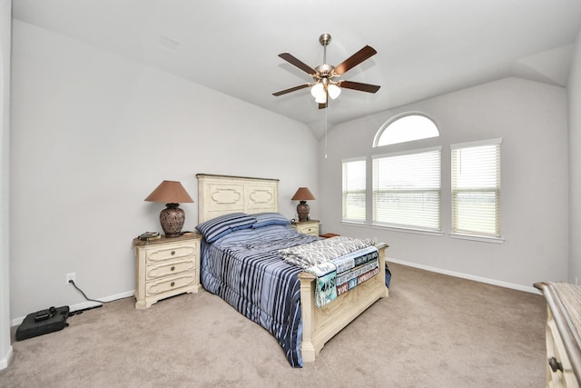 bedroom featuring lofted ceiling, a ceiling fan, carpet flooring, and baseboards