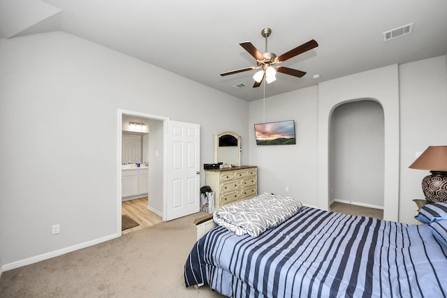 bedroom with baseboards, a ceiling fan, visible vents, and carpet floors