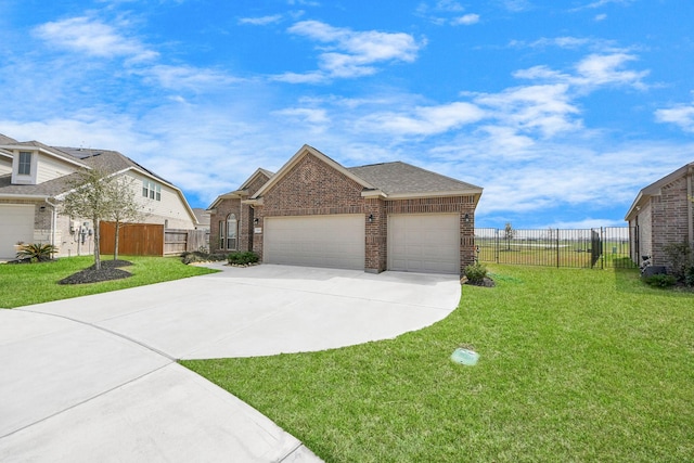 view of front of house featuring a garage, brick siding, a front yard, and concrete driveway