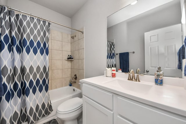 bathroom with shower / bath combination with curtain, vanity, and toilet